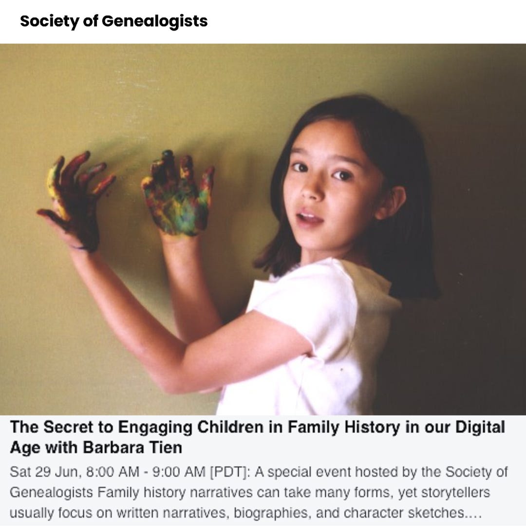A photograph of a young girl with her hands covered in paint, below is text about the event hosted at the Society of Genealogists "The secret to engaging children in family history in our digital age with Barbara Tien" on June 29