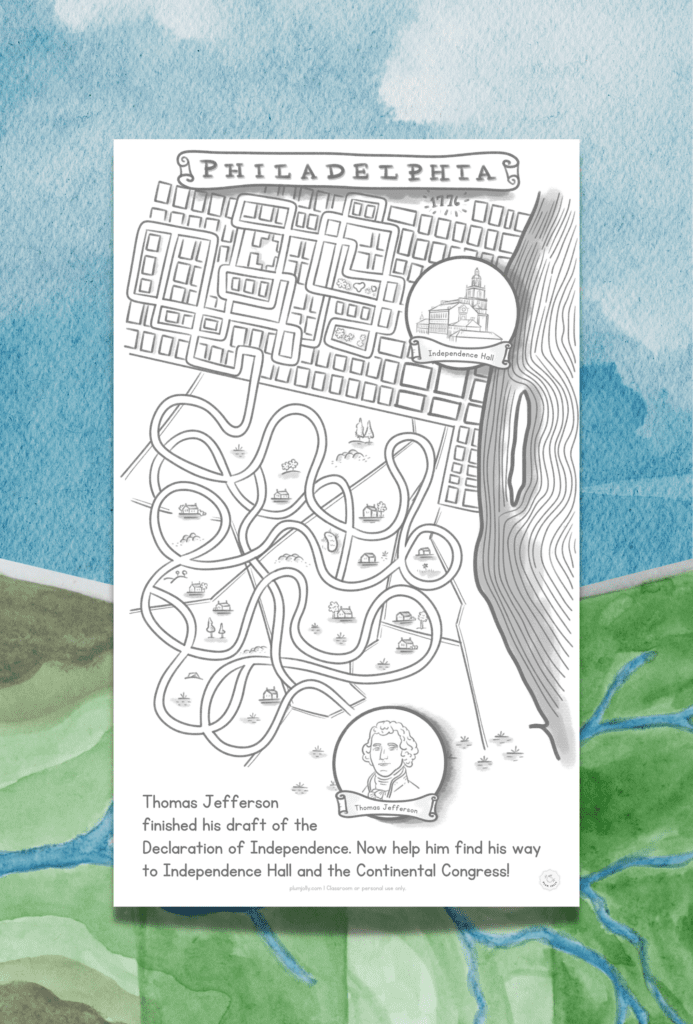 This fun Fourth of July printable features an image of a maze meandering through historic Philadelphia.