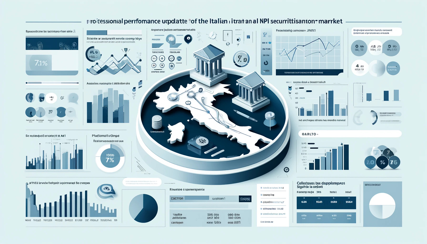 Create a professional infographic representing the Q1 2024 performance update of the Italian NPL securitisation market without any text. Include elements such as a map of Italy, graphs showing financial ratios and performance metrics, and visual representations of collections breakdowns. Use a clean, corporate design with a color scheme of blue and white.