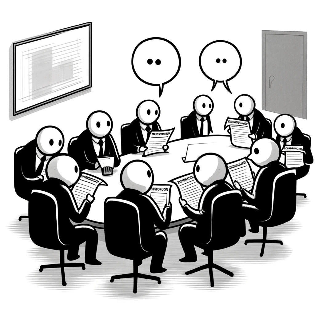 A sophisticated, understated black and white stick figure cartoon. Depict a group of stick figure experts, labeled 'Misinformation Experts', gathered around a table, each holding papers or books. They are shown whispering to each other and spreading papers labeled 'Misinformation'. The background is minimalistic, with a simple room setting, possibly a whiteboard or chart in the background, subtly indicating a planning or strategy session.