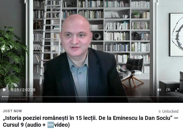 Ar putea fi o imagine cu 1 persoană şi text care spune „0:23 2:02:28 JUST NOW 8 Unlocked „Istoria poeziei românești în 15 lecții. De la Eminescu la Dan Sociu"- Cursul 9 (audio NEW video)”