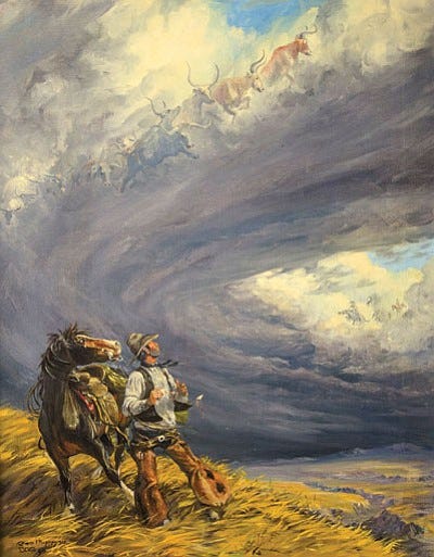 The Devil's Herd by George Phippen, a 1940s painting of the ghost riders in the sky featuring a cowboy and horse looking at a swirl of clouds and ghostly cattle