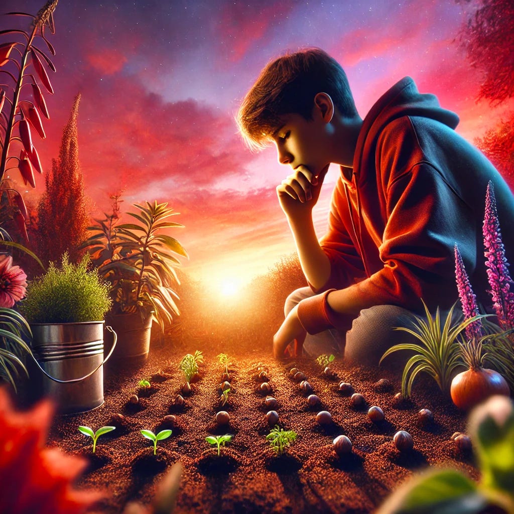 A young person in a garden, surrounded by vibrant plants and flowers. In front of him, seeds are laid out in the soil, and he is contemplating deeply which ones to water. The scene is bathed in warm hues of red and sunset, casting a serene and thoughtful atmosphere. The sky is a blend of orange, pink, and purple as the sun sets in the background, creating a magical and peaceful ambiance.