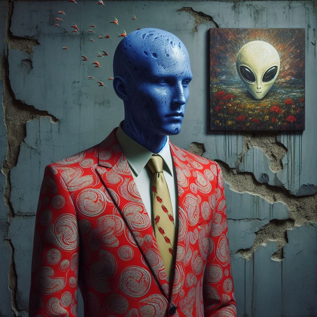 hyper realistic man in a suit covered in buitre patter red on cobalt blue suit with a cream tie with a mono pattern embroidered on it. painting by alexander ross on wall in background. Wall made of concrete with alien symbology carved into it. Cracks in wall with tiny flowers growing through. 