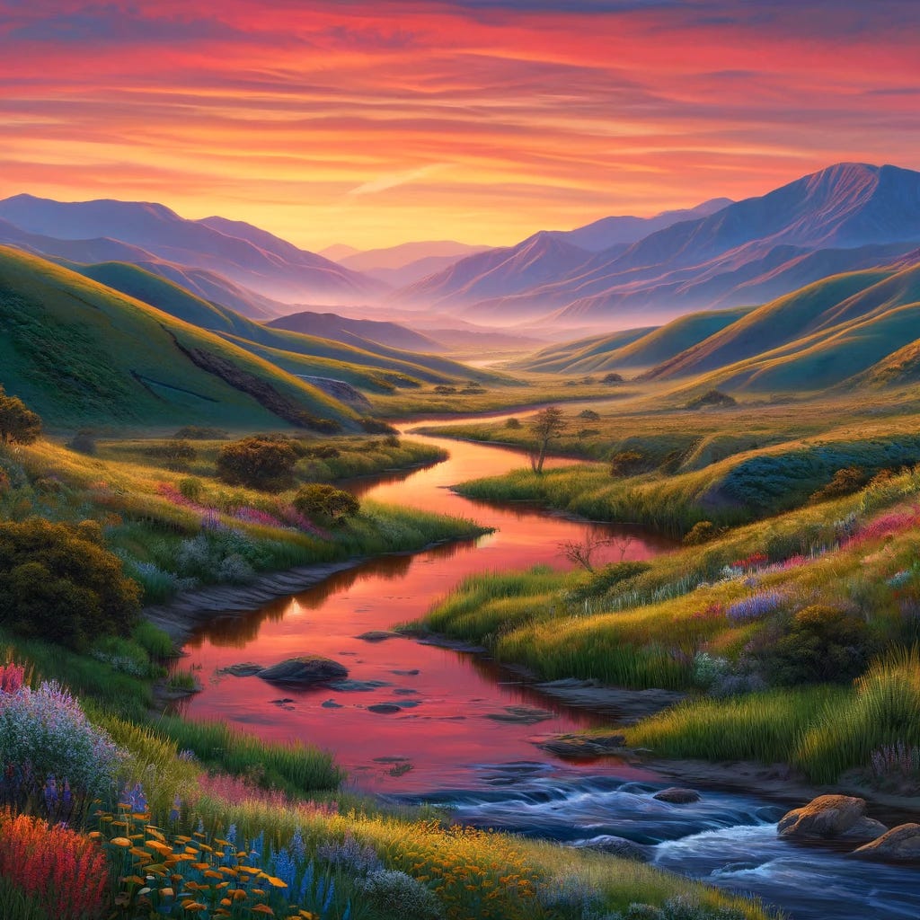 A realistic photograph of a sunrise over California's diverse landscapes. The scene includes vibrant, realistic colors of the early morning sky transitioning from deep orange to soft pink. The foreground shows a detailed river reflecting these colors, surrounded by lush greenery and wildflowers. Rolling hills extend into the background where majestic mountains are slightly covered by morning mist. The overall image is sharp and clear, resembling a high-quality nature photograph.