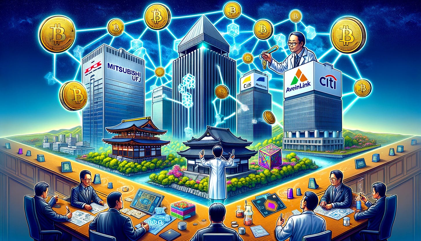 Create a 16:9 image that narrates the current landscape of blockchain adoption and tokenization in the financial sector. The scene is set in a modern, yet timeless financial landscape, incorporating the following elements:

1. Mitsubishi UFJ, Rakuten, and Mizuho represented as towering, interconnected buildings, with digital tokens flowing between them, symbolizing their efforts in security tokens offering.

2. A piece of real estate and a fine art piece, each surrounded by digital tokens, indicating the tokenization process that enhances investment accessibility and liquidity.

3. The Chainlink logo serving as a bridge between traditional banking institutions and the blockchain, showcasing its role in facilitating the tokenization of real-world assets.

4. A traditional bank (symbolized by Citi) and a blockchain network (symbolized by Avalanche) interaction, depicted through a scientist mixing traditional finance instruments with digital blockchain elements in a lab setting.

5. Citi, Wellington Management, WisdomTree, and ABN AMRO collaborating around a table, with smart contracts and digital tokens on it, to illustrate their approach to tokenizing private equity funds.

The background should emphasize the integration of traditional finance with blockchain technology, conveying innovation, collaboration, and transformation in the financial sector without leaning into futuristic aesthetics.