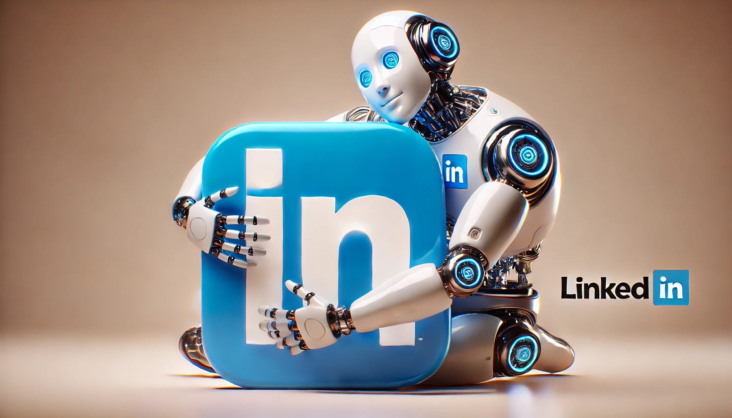 A friendly and futuristic robot hugging a LinkedIn logo. The robot is sleek, modern, and humanoid in design, with a metallic and polished finish. The LinkedIn logo is prominently displayed in a bright blue and white color scheme. The background is neutral and minimalistic to emphasize the interaction between the robot and the logo. The scene conveys warmth, connection, and technology working together.