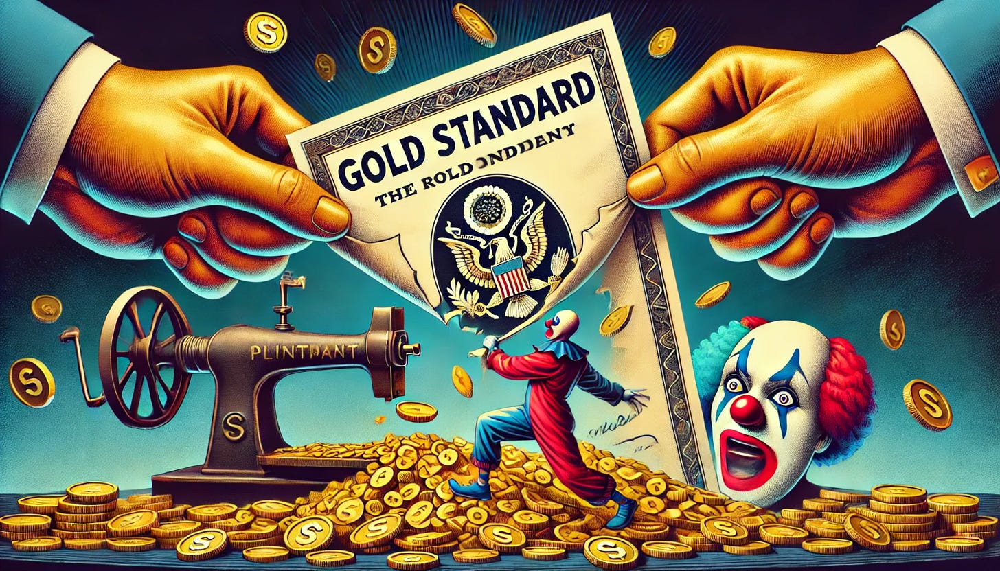 A wide banner image depicting the Gold Standard being ripped up. Show hands tearing a certificate labeled 'Gold Standard' with a pile of gold coins below. Additionally, include a printing press in the background actively printing colorful, exaggerated clown money. The background should be dark to emphasize the contrast between the serious nature of the Gold Standard and the whimsical nature of the clown money. The image should convey the significant shift from gold-backed currency to fiat currency.