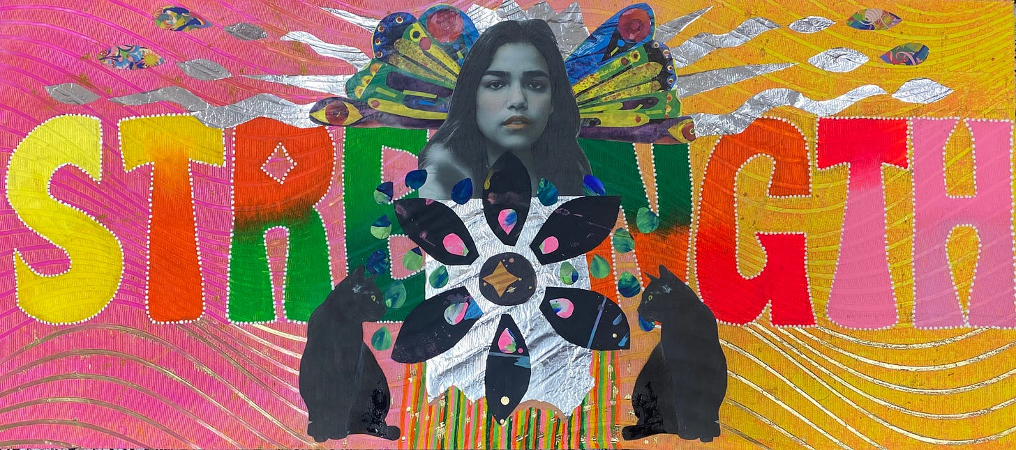 A collage featuring the word Strength in colorful bubble letters with a woman's face and two black cats on top.