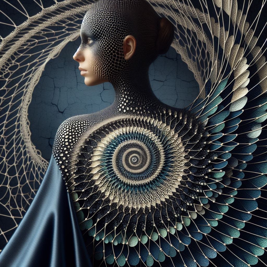 Hyper realistic : Close up woman wearing a dark blue silk cape in foreground made of macro close up of wing scales. overlay overt opticle illusion circles of black and white that seem to go in both directions, string art.  The background is a spiral of crackly squares. They spiral to a point and disappear in the center of the screener's. a dark blue background with see through squares with thin neon yellow, cream and orange light as trim. Stucco, cement, green moss