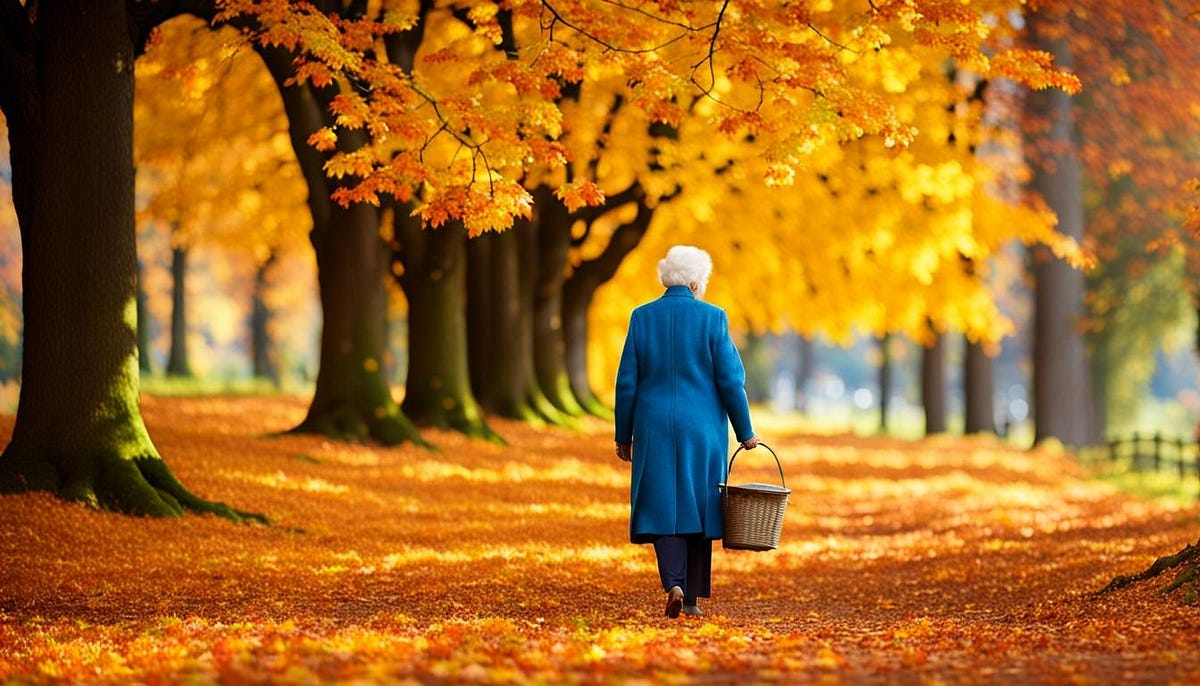 Old woman walking along Autumn trees