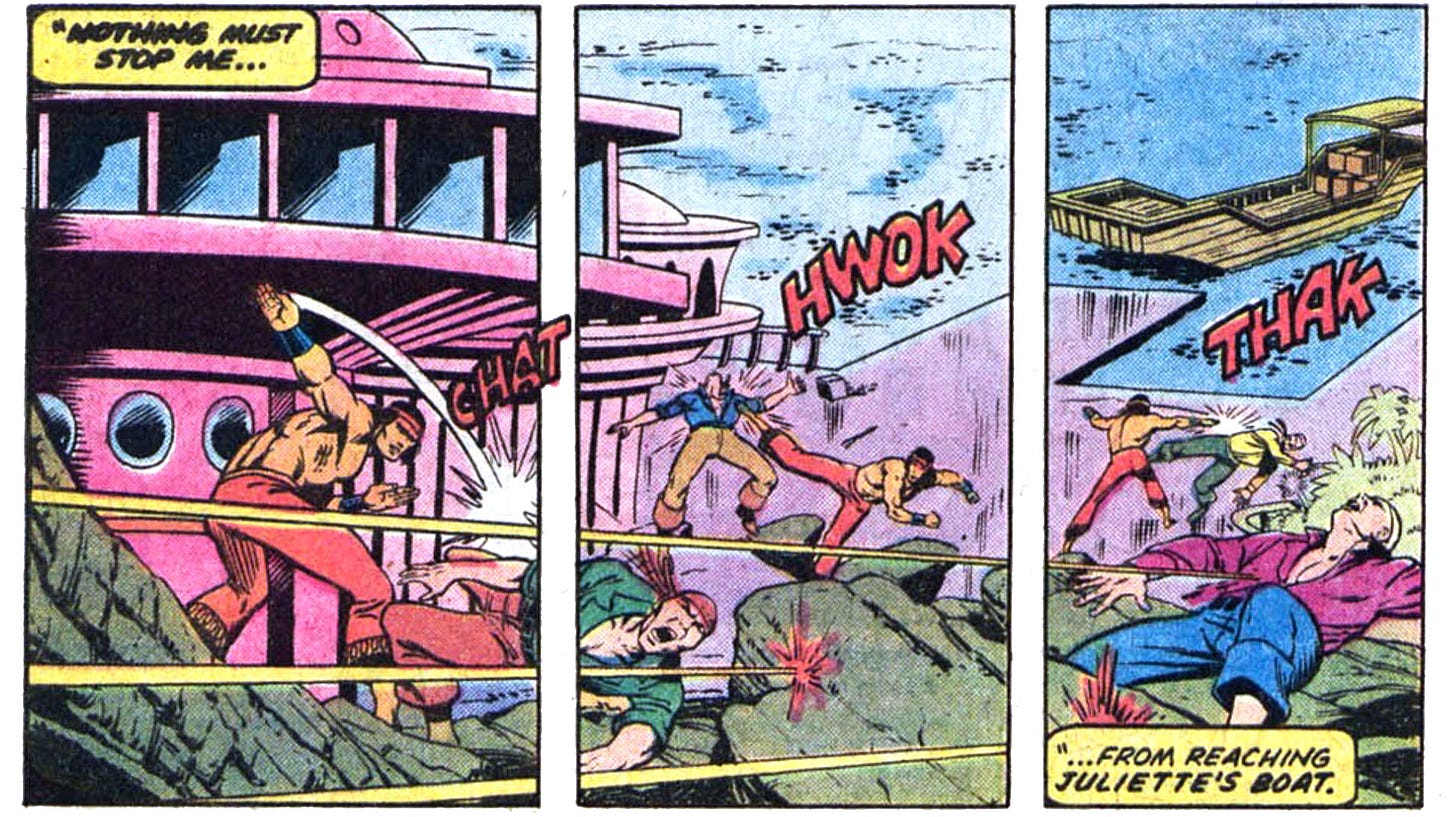 A cool three-panel sequence from this issue showing Shang-Chi making his way down a hill toward a boat at the docks of a lagoon. As Shang-Chi goes farther down the hill, he is fighting bad guys while someone off-panel is shooting other bad guys. Narration from Shang-Chi reads, “Nothing must stop me… from reaching Juliette’s boat.” Sound effects are “CHAT” for a Shang-Chi karate chop, “HWOK” for a kick, and “THAK” for a punch.