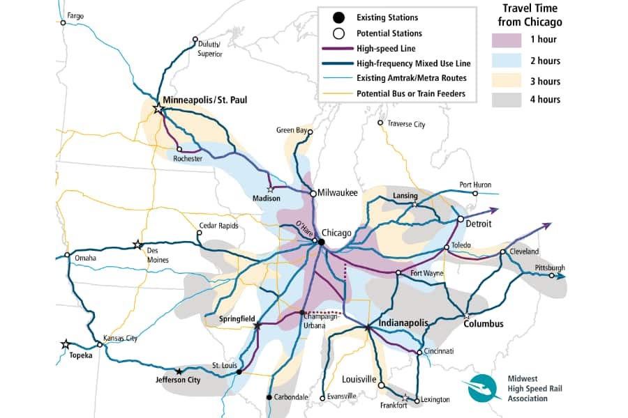 This is a map depicting the Midwest High-Speed Rail vision centered on Chicago. It features travel times from Chicago to surrounding cities, using shaded zones to indicate travel durations of 1, 2, 3, and 4 hours. Key elements include:  Existing Stations (marked with black dots) and Potential Stations (marked with white dots). High-speed Rail Lines (shown in purple), High-frequency Mixed Use Lines (blue), and Existing Amtrak/Metra Routes (light blue). Potential Bus or Train Feeder Routes (yellow dashed lines). Travel destinations such as Detroit, Indianapolis, Minneapolis/St. Paul, Cleveland, and St. Louis are connected to Chicago via the rail network.