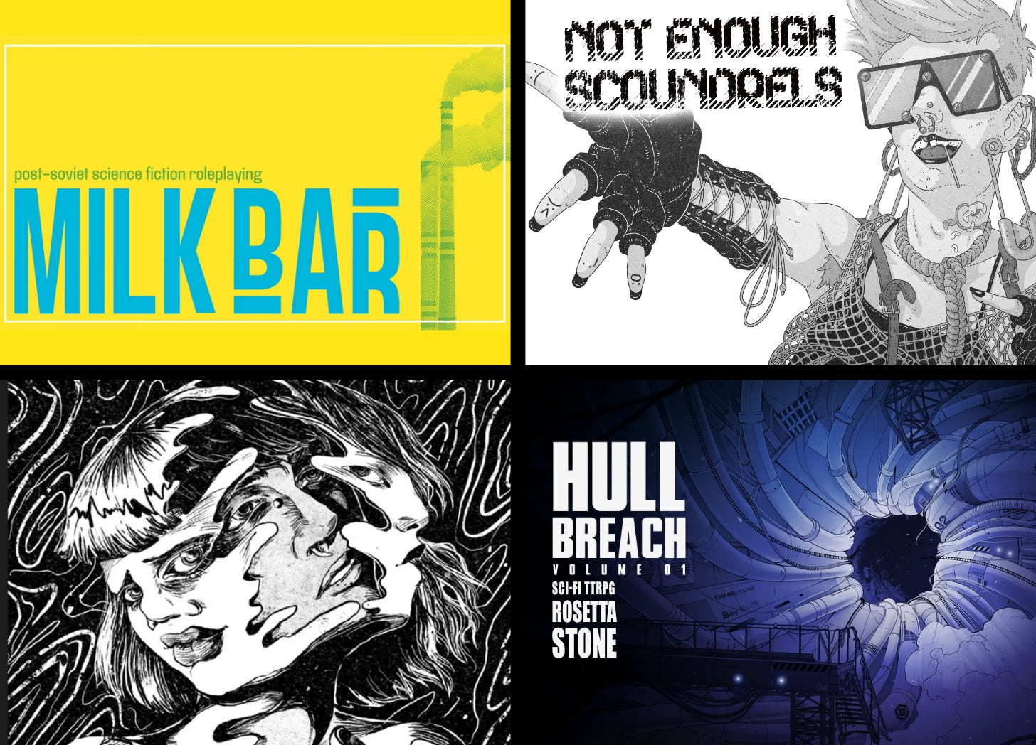 A collage of four images. The first is a yellow & cyan Milk Bar RPG header with half-tone blue smokestacks. The second is a b&w illustration by Lur Noise of a punky-lookin scoundrel for Not Enough Scoundrels. Third is Evangeline Gallagher’s b&w Shifter illustration for The Lost Bay RPG, a face emerges between other faces whirling in waves. The final is the Hull Breach cover art of a hole in a spacecraft with Sci-Fi TTRPG Rosetta Stone under the title.