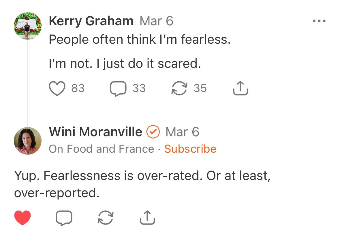 A screenshot of my exchange with Wini Moranville on Substack Notes. I wrote, "People often think I'm fearless. I'm not. I just do it scared." She responded, "Yup. Fearlessness is over-rated. Or at least, over-reported."
