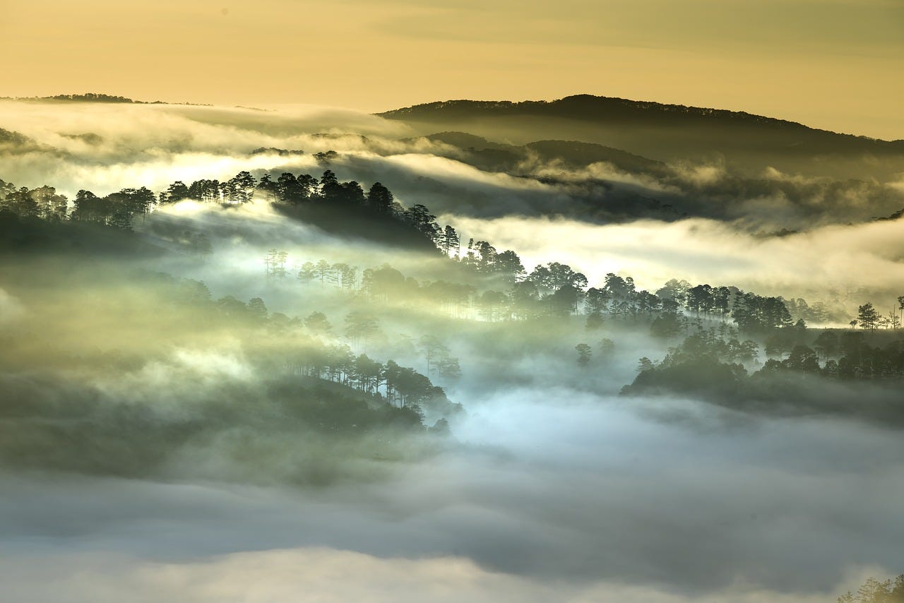 clouds shroud a valley in Asia