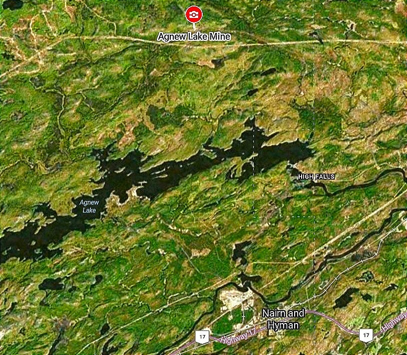 A satellite map of northeastern Ontario showing the Agnew Lake Mine site.