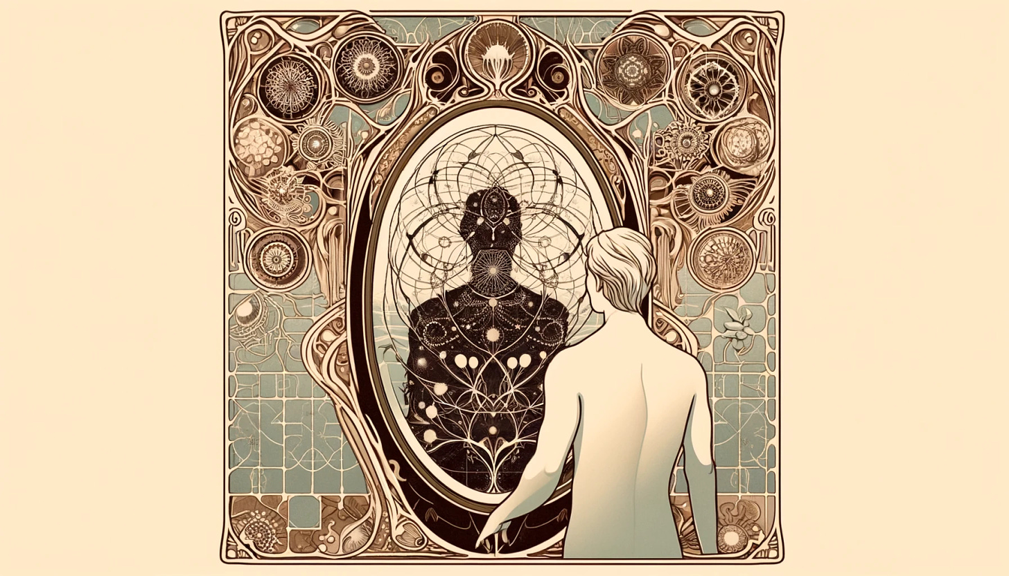 Create a wide aspect ratio image in the Art Nouveau style, depicting a human figure facing a mirror. The reflection should not be the human's own image but a pattern consisting of keystone species and an intricate, interconnected web of life, symbolizing the unity and interdependence of all living things. The mirror should be ornately framed with natural motifs and the patterns should be elegant and flowing, capturing the biodiversity and the crucial role each species plays in maintaining the balance of their ecosystems.