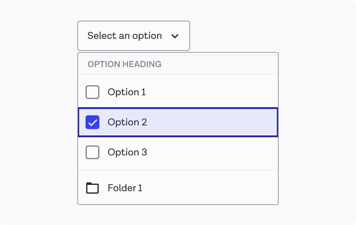 An options list with items in two different styles, multi-select checkboxes, then a divider, and a folder with a folder icon on the left.