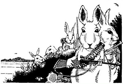 RPG illustration of bipedal bunnies carrying guns