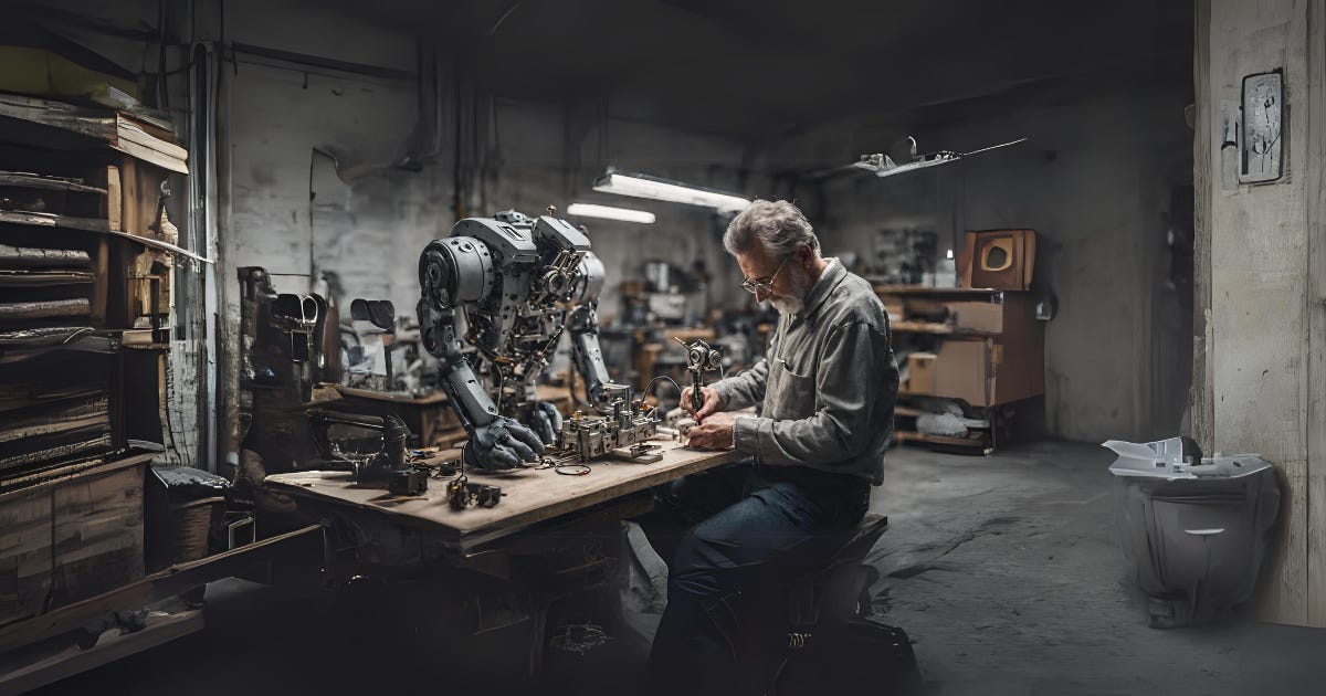 Inventor building a robot in his workshop