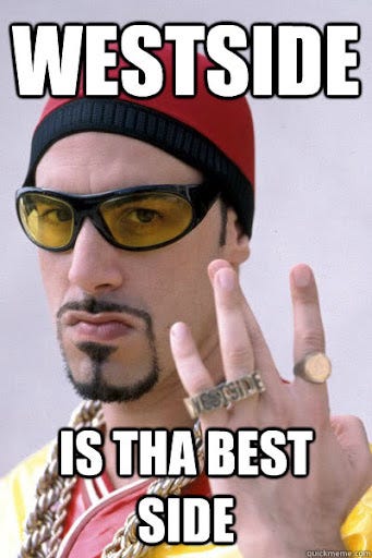 Ali G making signs with fingers captioned Westside is tha best side