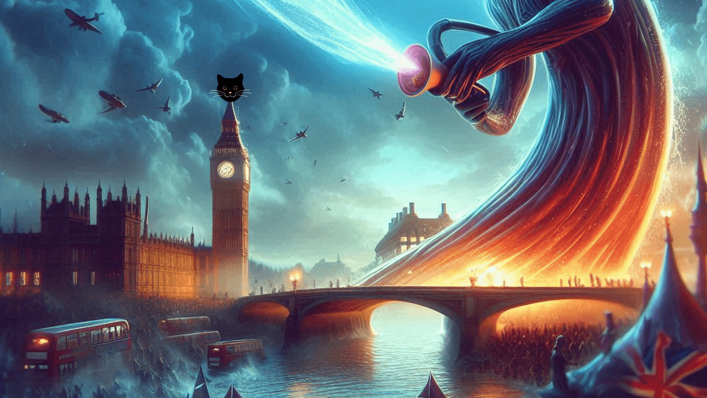 Image of London, UK, a cat face and a giant monster.