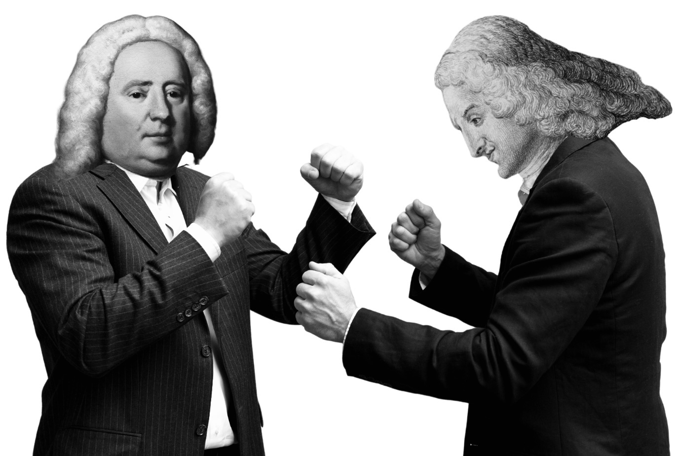 Mash up with two men in business suits fist fighting. One has Samuel Richardson’s head and the other has Henry Fielding’s.