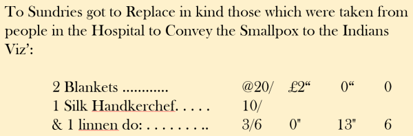 A typewritten receipt for blankets and handkerchiefs given to spread smallpox.