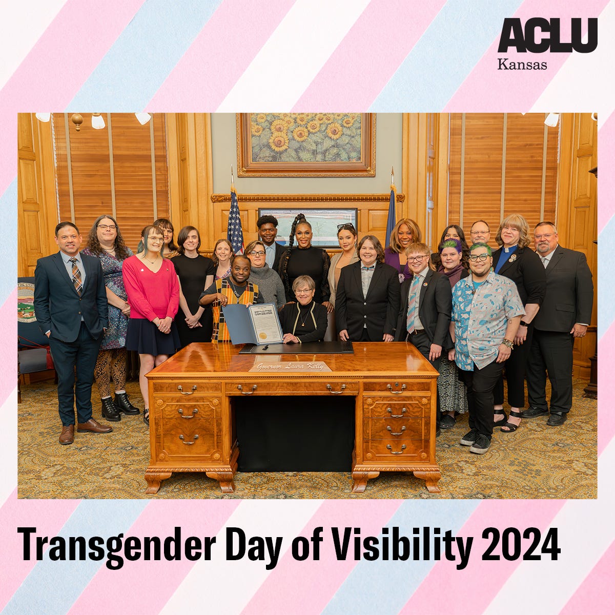 May be an image of 13 people and text that says 'ACLU Kansas Transgender Day of Visibility 2024'