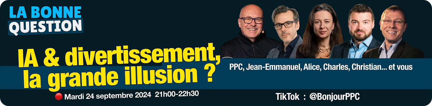 Affiche promotionnelle pour un débat sur 'IA & divertissement, la grande illusion ?' avec photos des participants.