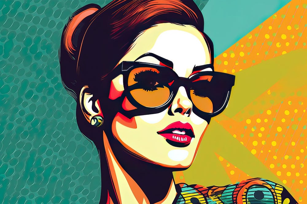Pop Art example woman with sunglasses pop colors with half tone background