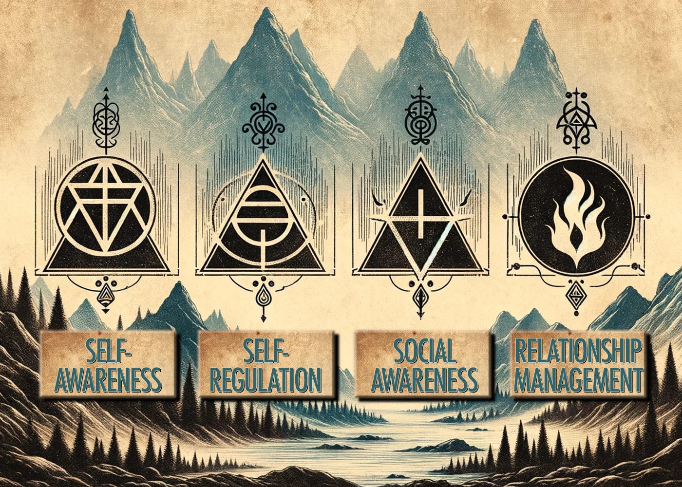 Vintage style illustration featuring four symbolic icons representing self-awareness, self-regulation, social awareness, and relationship management against a backdrop of mountainous landscape and river.