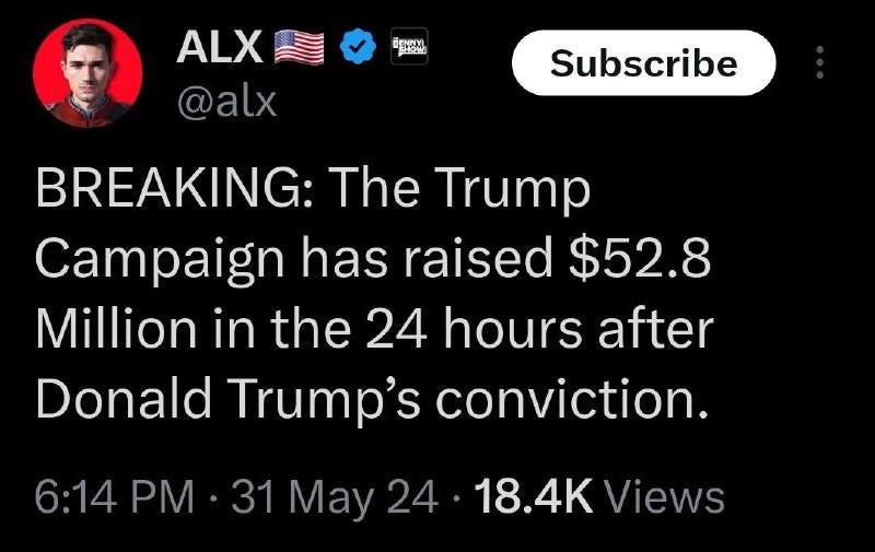 May be an image of 1 person and text that says 'ฉีองมม pHOM ALX @alx Subscribe BREAKING: The Trump Campaign has raised $52.8 Million in the 24 hours after Donald Trump's conviction. 6：14 PM 31 My 24 18.4K Views'