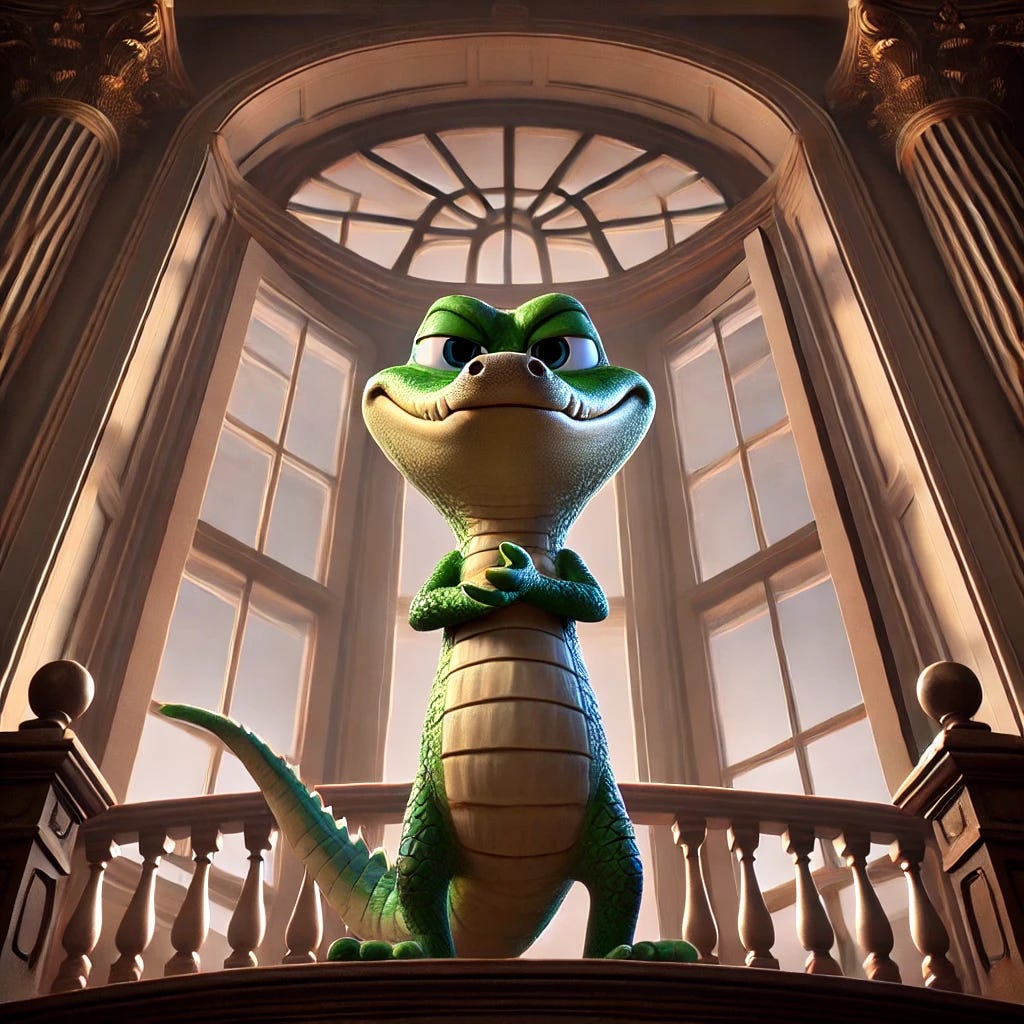 A Pixar-style small and cute anthropomorphic alligator, Croaky, standing confidently by a large open window in the Florida House. The perspective is from below, looking up at him as if someone has just been thrown out of the window. Croaky claps his hands smugly, with a self-satisfied grin, as if he has just finished a job well done. The window is wide open, emphasizing the act has already occurred. The scene is both dramatic and humorous, with ornate columns and a Florida legislative atmosphere in the background.