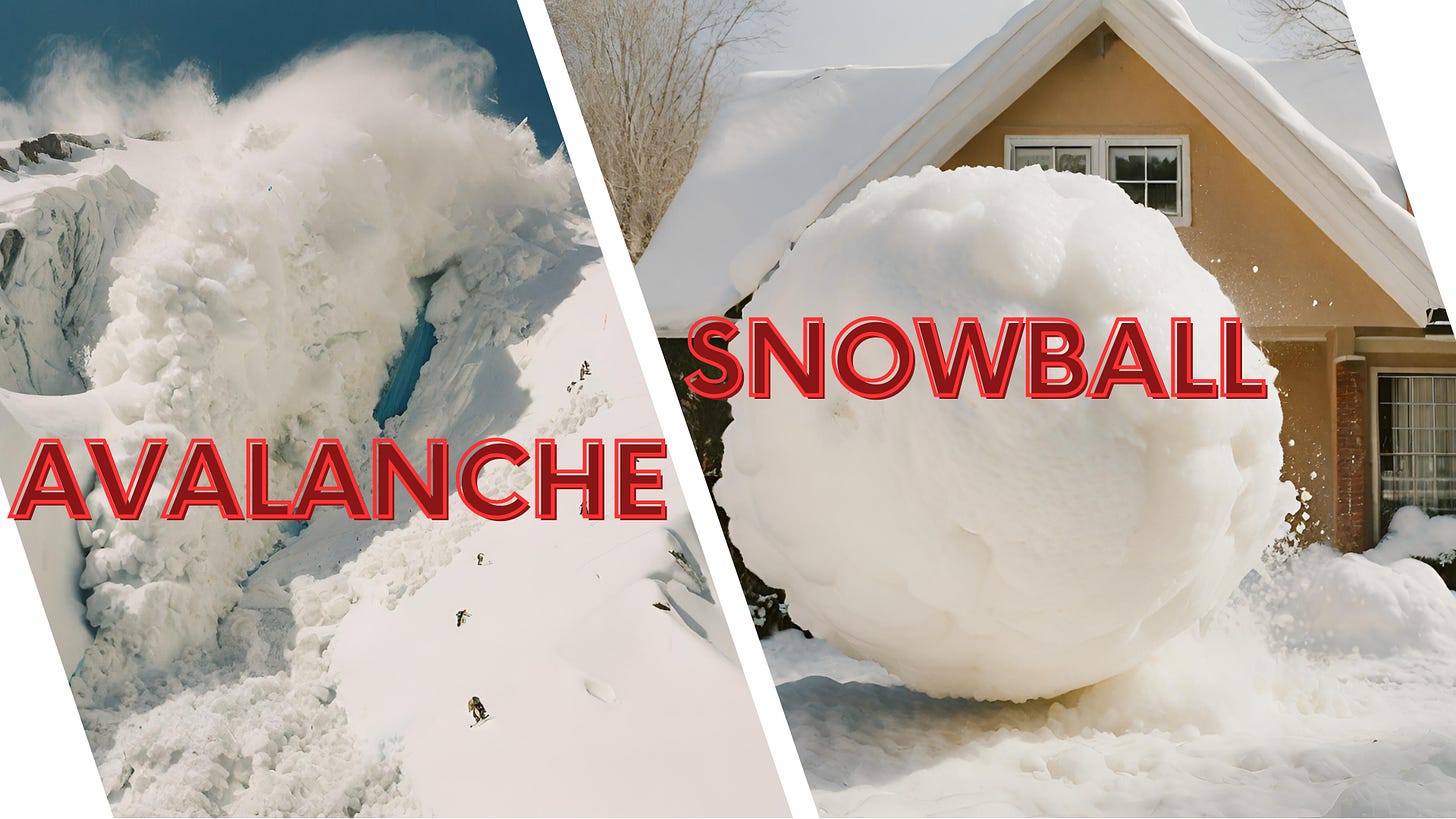 An avalanche on the side of a snow capped mountain in a photo collage next to a massive snowball, larger than a door, sitting in front of a snow covered house.