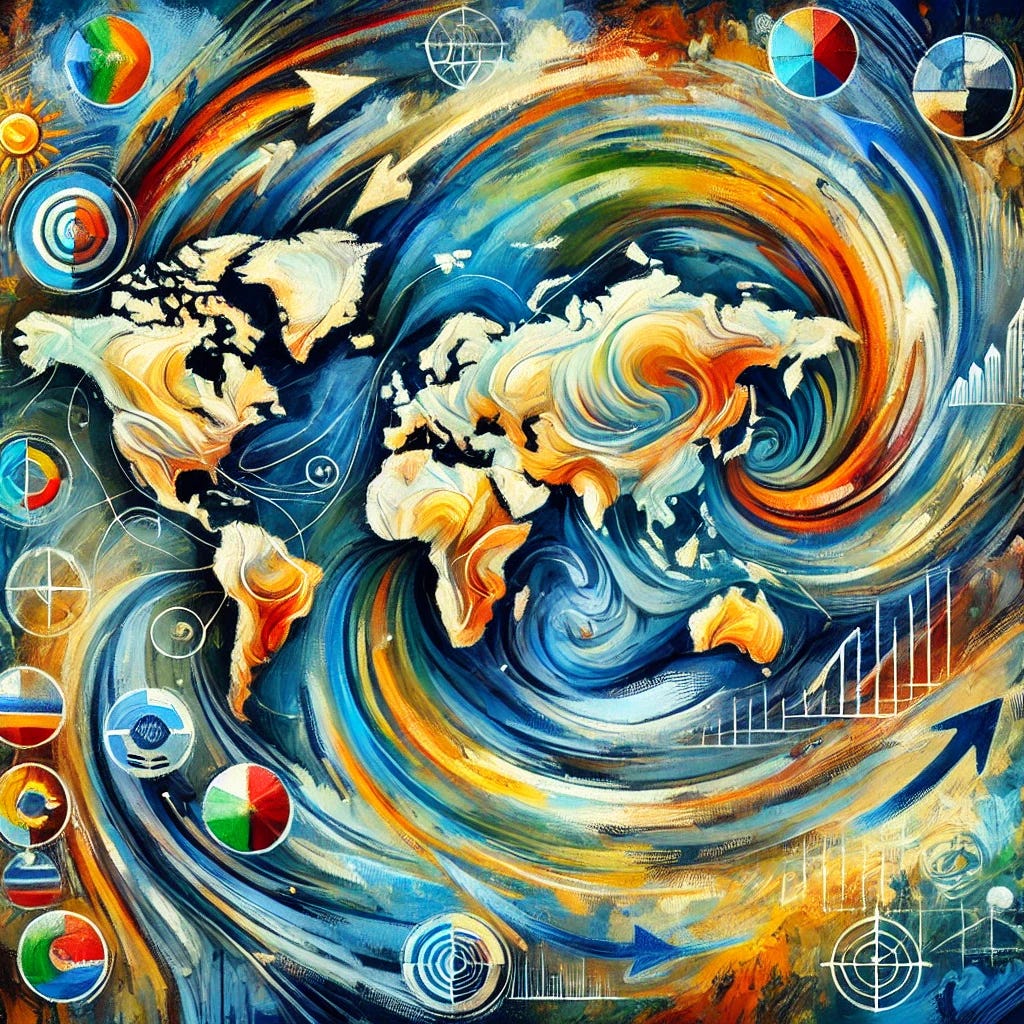 A highly abstract painting representing global happiness rankings. Use swirling, dynamic brushstrokes with vibrant colors like blue, green, yellow, and red. Incorporate abstract shapes and forms to symbolize various countries' happiness levels. Include subtle hints of arrows and lines to represent changes in rankings and convergence between regions. The background should have an energetic, expressive feel, similar to the style of expressionist art, capturing a sense of hope and movement. Oil on canvas style with raw, intense strokes.