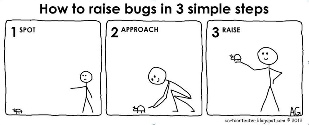 Image outlining how to life up a bug in three steps. The image provides a cheerful view on how to approach and report software bugs.