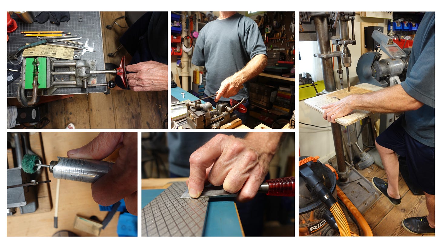 A montage of six images showing a one-armed man in his woodshop, working on tools with adaptive arrangements: the way hands are held, the use of foot pedals, and other techniques.
