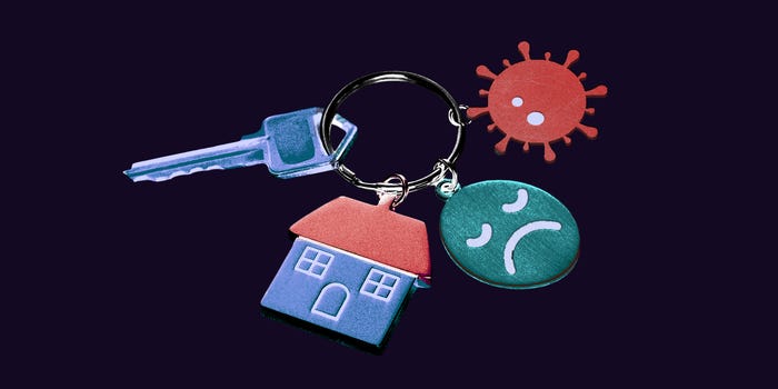 A keychain containing  a house, sad face and covid virus.