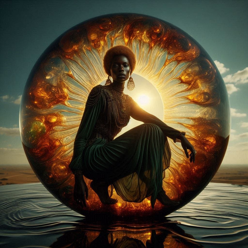 resin sun inside glass; tiltshift /flying at angles/ 8d angled glass embedded /beautiful, Senegalese woman leaning into camera/ velvet green, cream, black silk/ black leather. water in resin/ ; she is at Monks mound at Cahokia / amber cream,tsunami full of fire/ reverberating waves. black hole in floor/ water in resin verdigris/ In the style of Michael Parkes. black etching/ black linework/ daytime sky/fluffy clouds 