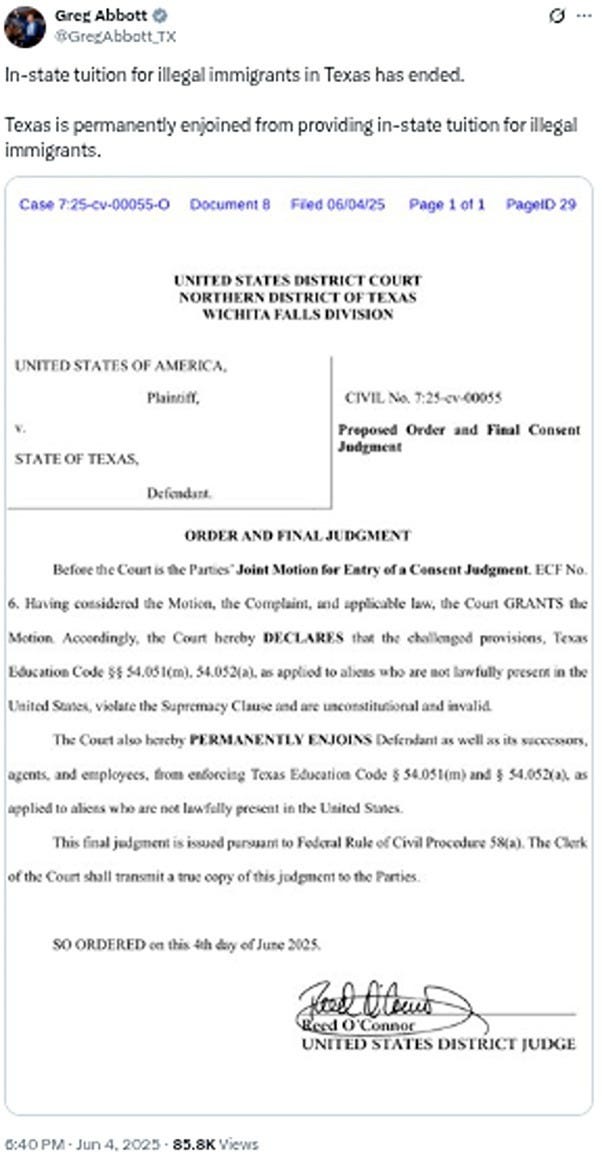 Texas Governor Greg Abbott announced on x.com that "Texas is permanently enjoined from providing in-state tuition for illegal immigrants." Texas Governor Greg Abbott announced on x.com that "Texas is permanently enjoined from providing in-state tuition for illegal immigrants."