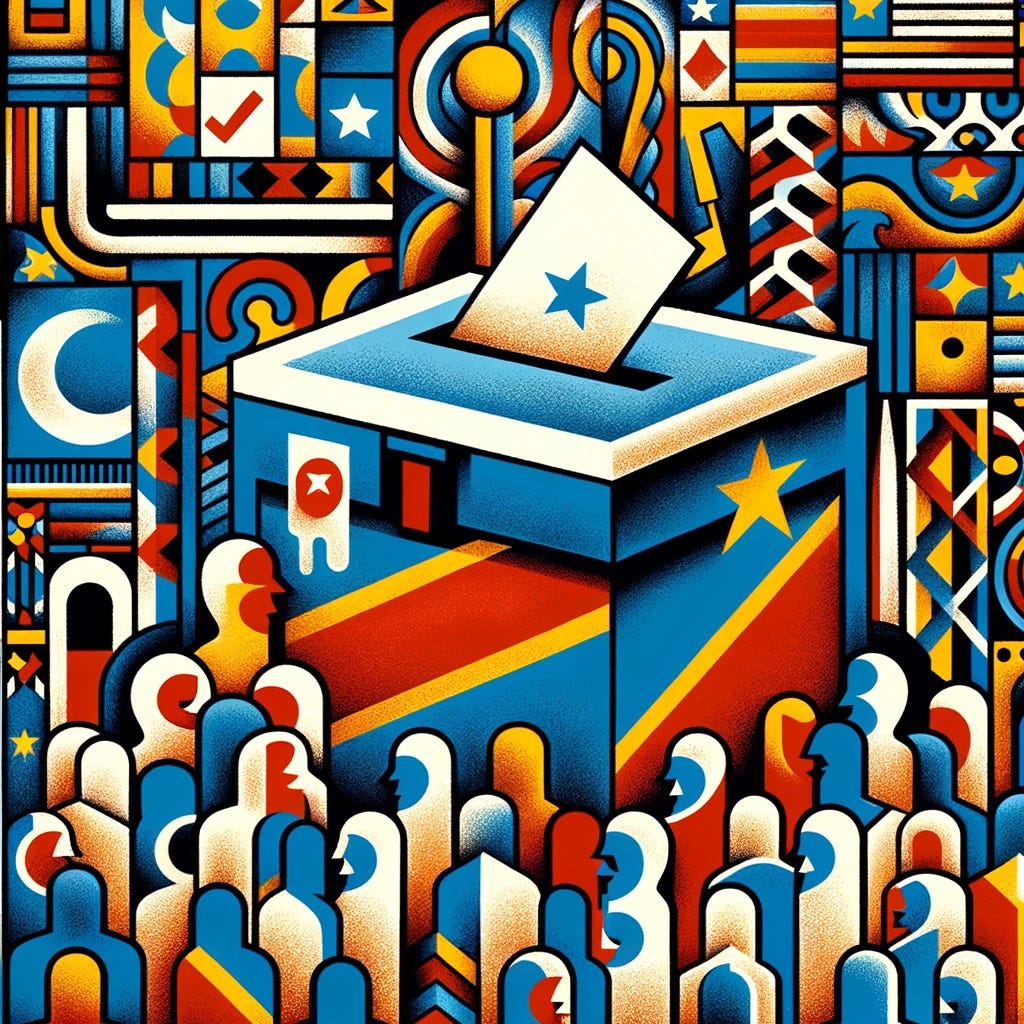 An abstract, symbolic representation of the Democratic Republic of Congo's election. The image should feature a collage of symbolic elements like ballot boxes, voting papers, and stylized representations of people casting votes, all set against a backdrop suggestive of the DRC's landscape. The style should be bold and colorful, with a focus on patterns and shapes that reflect African art and culture. The composition should convey a sense of hope and democratic participation, emphasizing the importance of the election in the DRC's future.