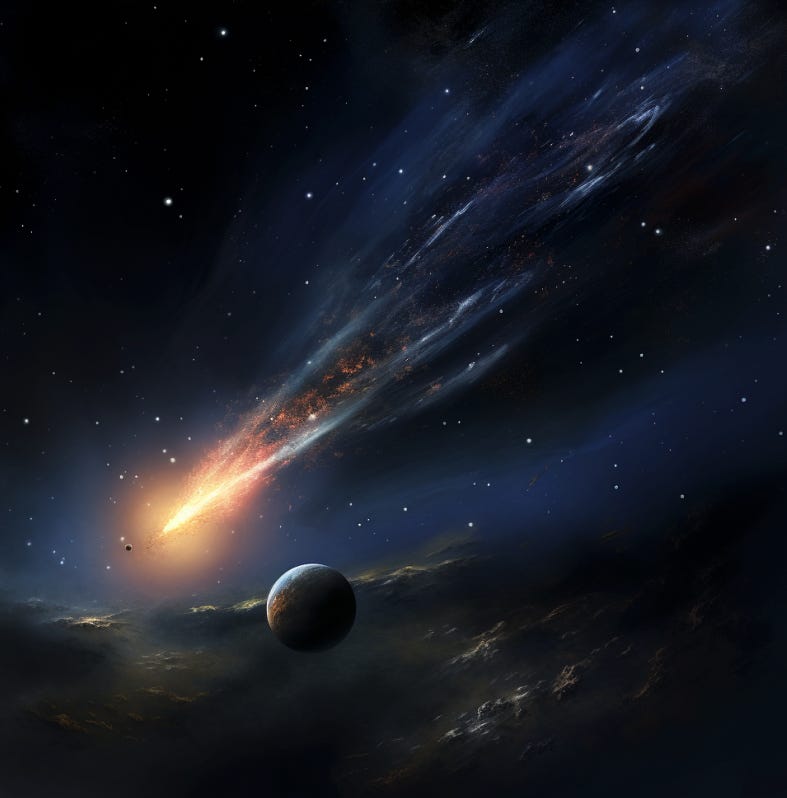 water color of a shooting comet in outer space passing by a lone planet