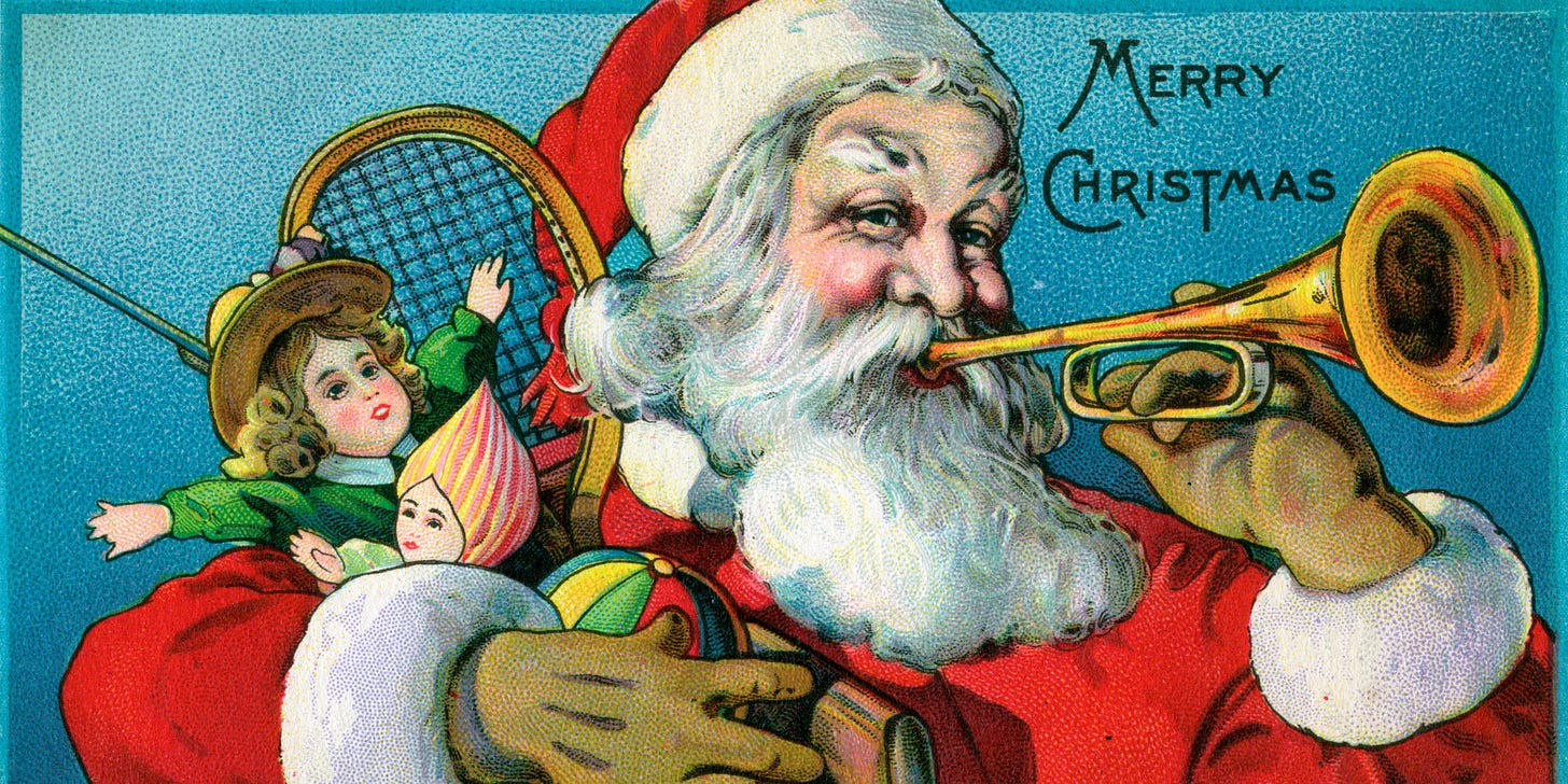A 1915 chromolithograph illustration of Santa Claus holding toys and blowing on a trumpet.