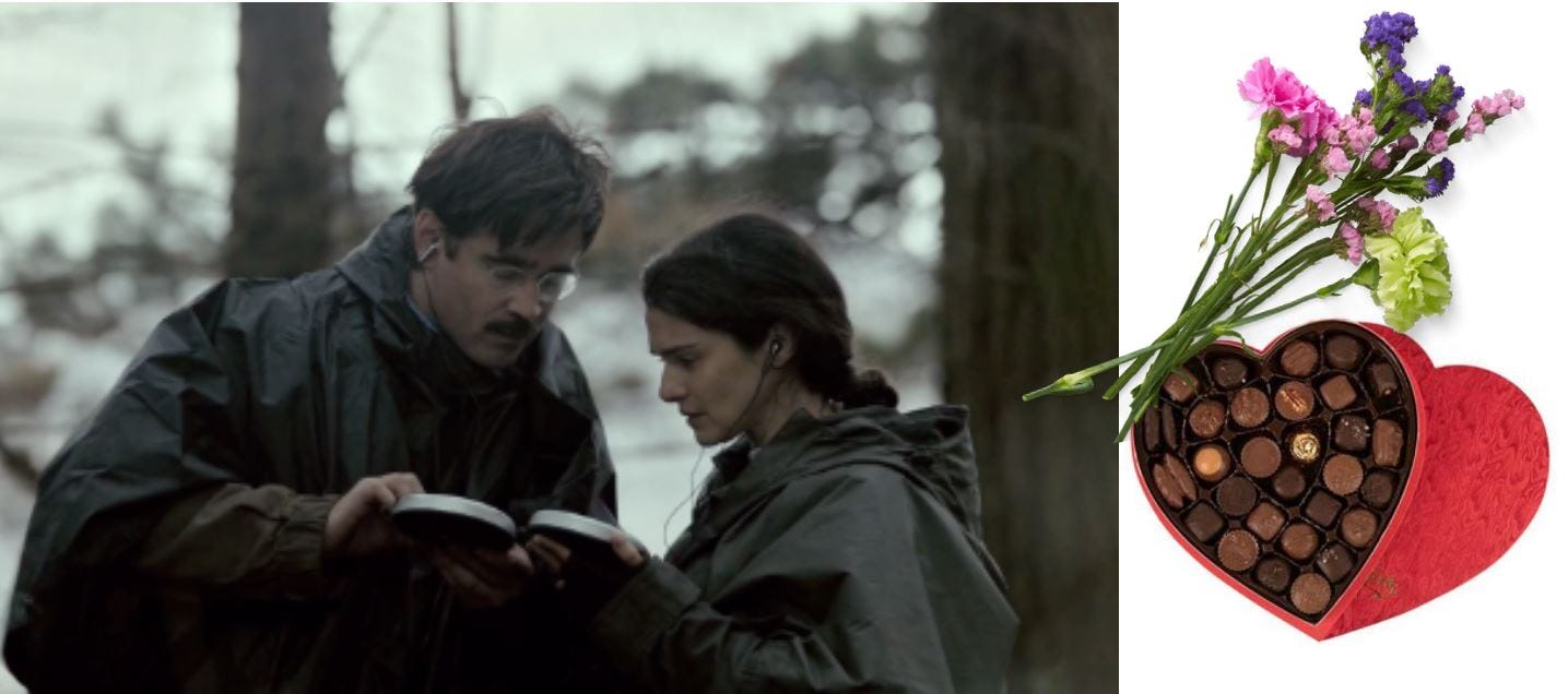 Screenshot from the movie The Lobster and a picture of flowers and a heart shaped box of chocolates