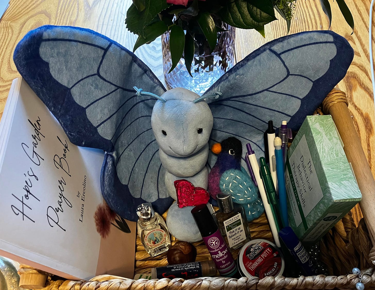 Blue butterfly bird essential oil soothing basket