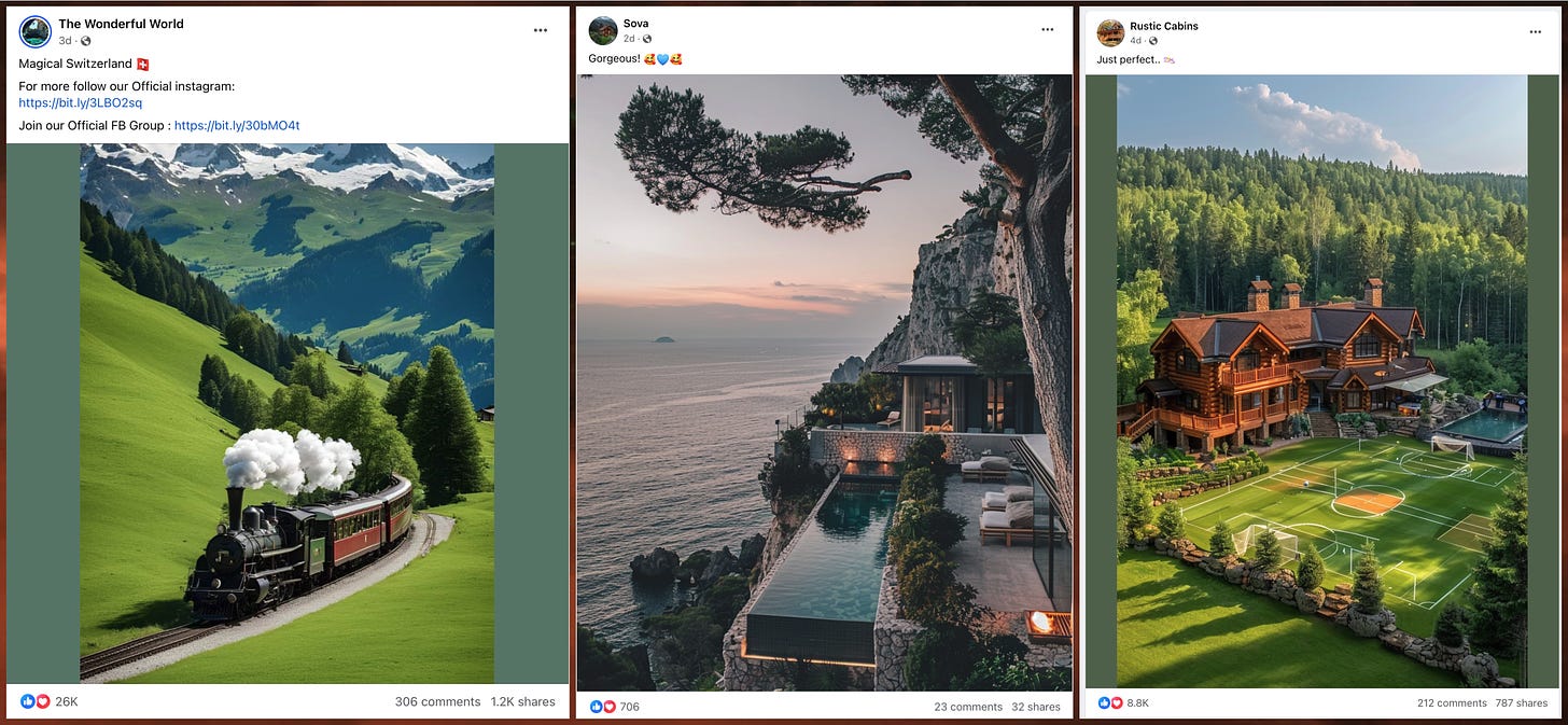 screenshots of three AI-generated images posted on Facebook: a train passing directly through a tree, a tree hovering in midair in defiance of gravity, and a massive athletic field with tons of lines that appears to be a mashup of several sports