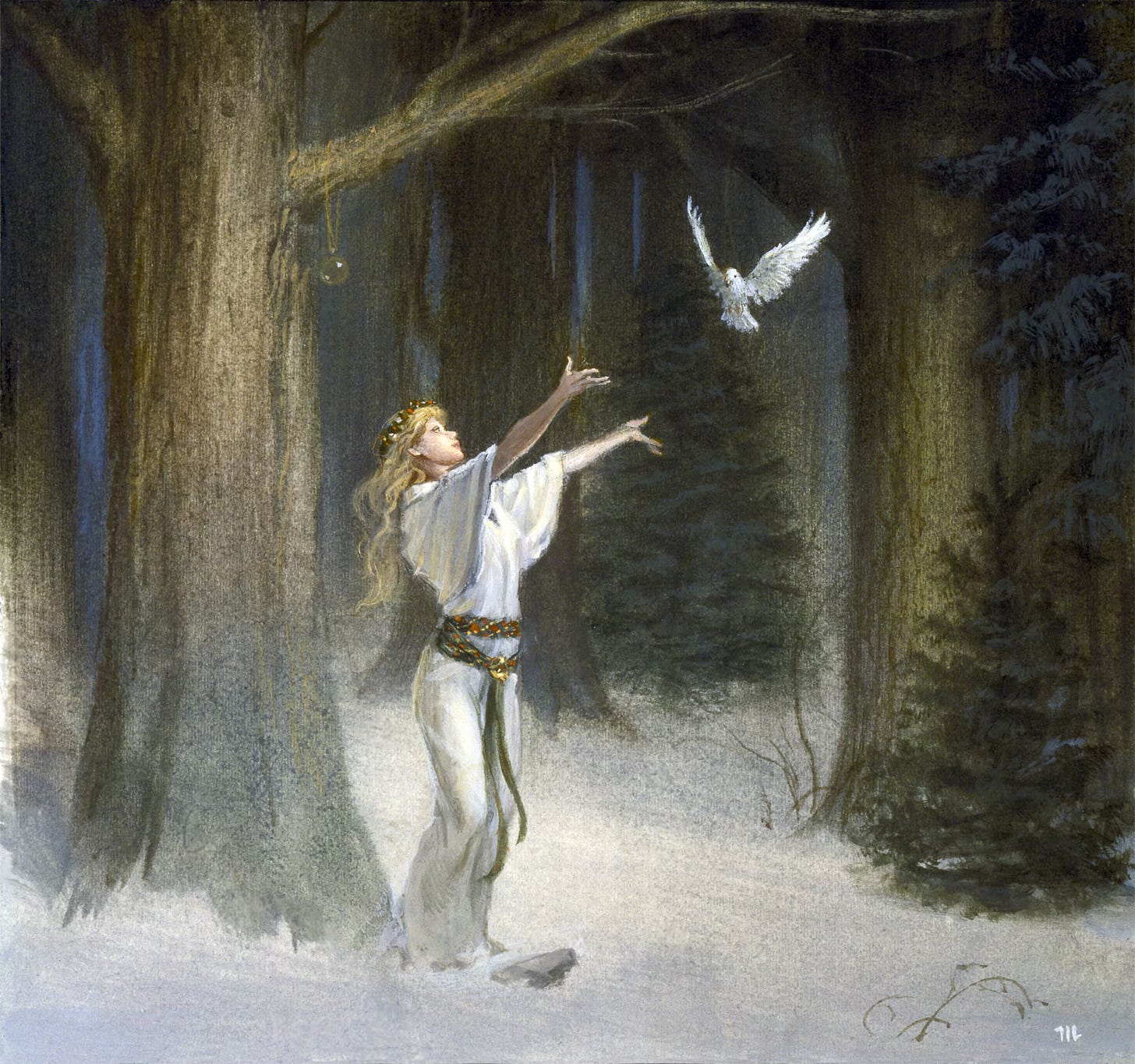 A woman in plain white gown with a green, red, and gold belt double cinched around her waist spreads her arms wide as a white dove flies. Her blonde hair flows down her back. Atop her head rests a circlet of holly and berries. The background is a forest in winter with the ground white and small fir trees rising amid thick trunks of older forest growth. From a string, a glass orb hands from the link of the tree behind her.