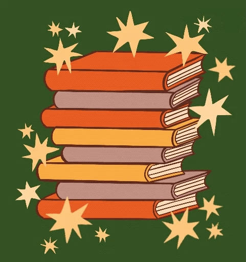 a pile of colour-changing books in a tall stack, surrounded by yellow stars of different sizes.